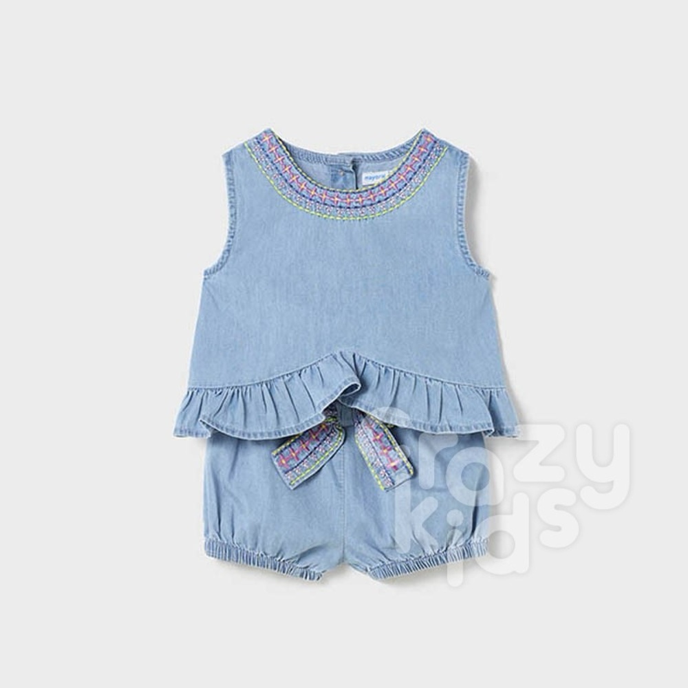 Size 12 months Baby Mayoral Light Blue Kids Set with Embroidered Neckline